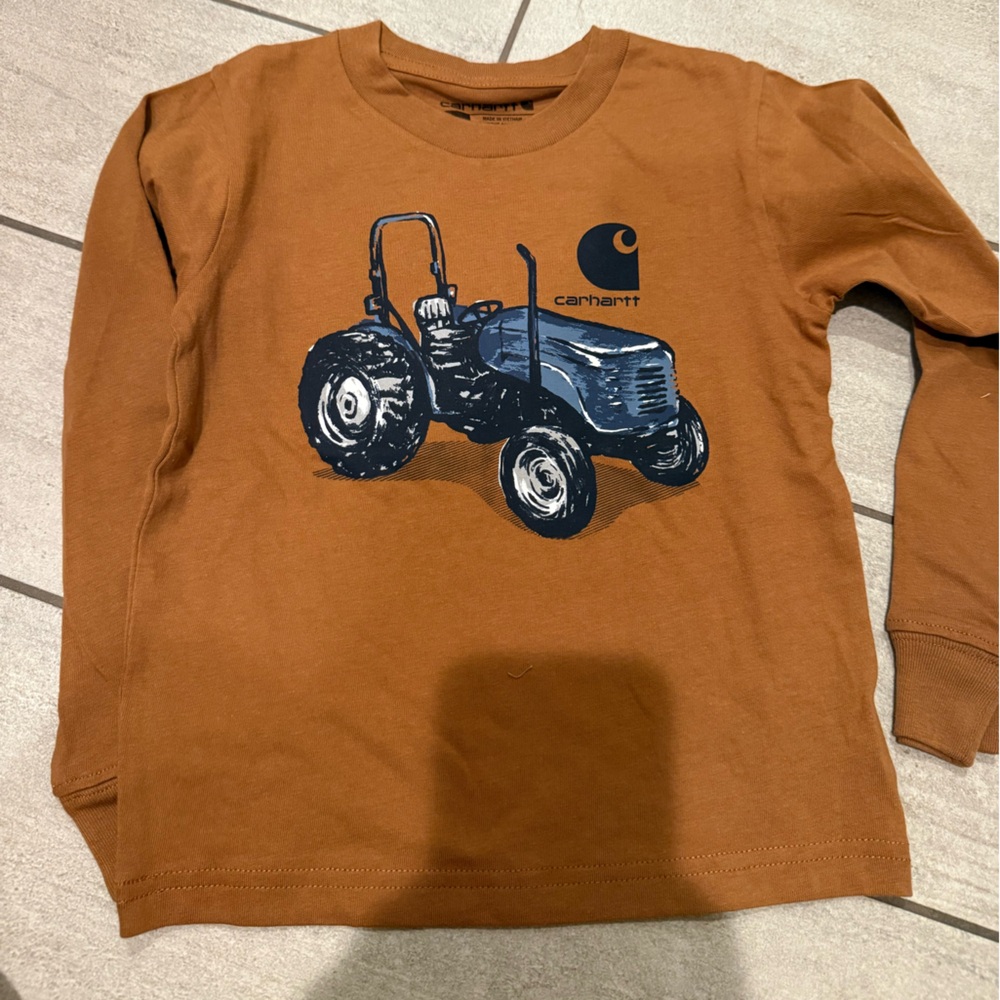 Carhartt Kids Rust Long-Sleeve Tee with Navy Tractor Graphic